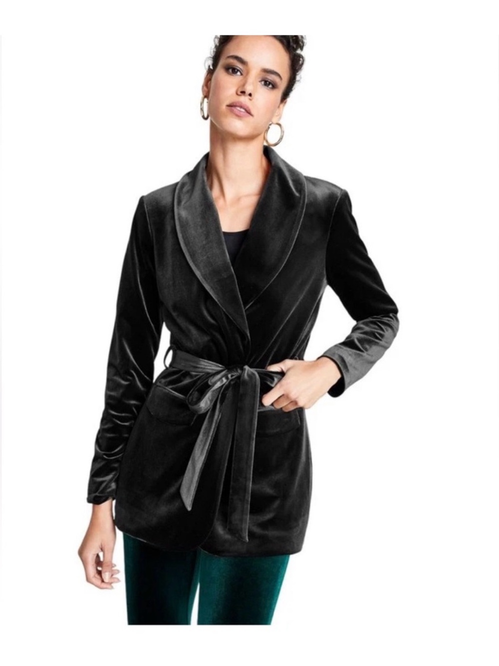 INC International Concepts Black Velvet Wrap Blazer with Tie Belt